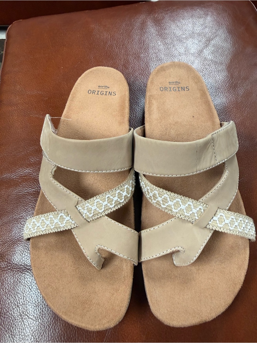 Earth Origins Women's Beige/Tan Slide Sandals with Decorative Straps